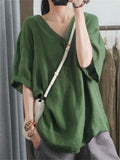 Loose V Neck Half Sleeve Breathable Simple Linen Shirt for Women