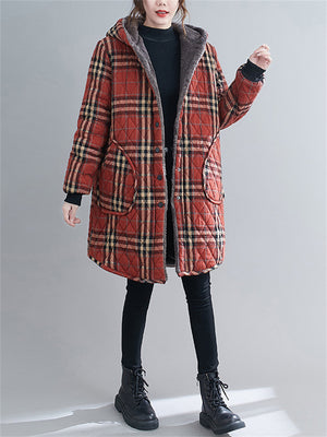 Ladies Fashion Plush Lined Plaid Coat with Hood