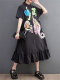 Women's Exaggerated Feather Print Single Breasted Loose Shirt Dress