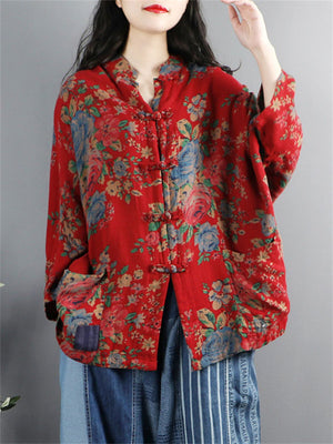 Women's Chinese Northeast Big Flower Print Knot Button Red Shirt