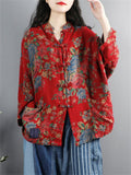 Women's Chinese Northeast Big Flower Print Knot Button Red Shirt