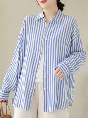 Summer Extra Thin Striped Lapel Button Up Shirt for Women