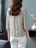 Elegant Puff Sleeve Floral Pattern Faux Silk Shirt for Women