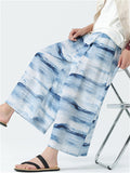 Male Chinese Style Bamboo Leaf Mountain Print Summer Pants