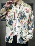 Men's Flower Leaf Print Vintage Tang Suit Tassel Button Jacket