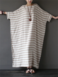 Relaxed Stripe Round Neck Cotton Linen Long Dress for Lady