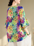 Summer Bright Daisy Print Drawstring Hem V-Neck Shirt for Female