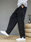 Men's Leaf Jacquard Side Slit Drawstring Casual Pants