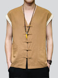 Men's Summer Cotton Linen Breathable Button Sleeveless Vest