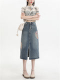 Women's Semicircle Embroidery Front Split Denim Skirts