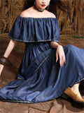 Romantic Off Shoulder Ruffles Patchwork Denim Dress for Women