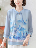 Women's Ancient Style Print Elegant Stand Collar 3/4 Sleeve Shirts