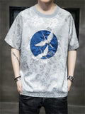 White Crane Embroidery Summer Round Neck T-shirt for Men