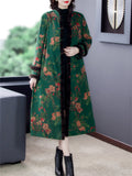 Women's Luxury Faux Fur Stand Collar Button Flower Print Long Coat