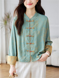 Female Stand Collar Vintage Jacquard Long Sleeve Shirt