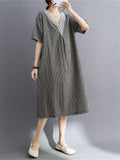 Women's Cotton Linen Lace V-Neck A-Line Plaid Dress