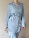 Women's Elegant Lace Up Pastel Blue Shirt Skirt Set