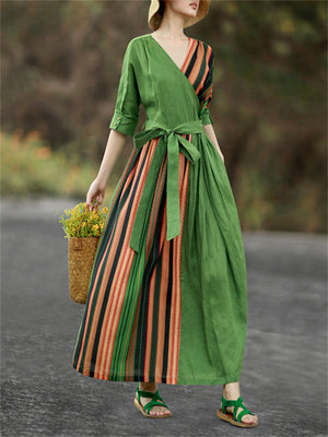 Forest Green Leisure V Neck Side Stripe Midi Dress for Women