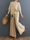 Floral Embroidered Shirt + Wide Leg Pants Female Two Piece Set