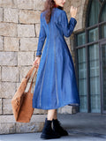 Women's Flying Bird Embroidery V-Neck Blue Denim Dress