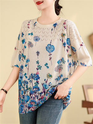 Female Blue Floral Print Crew Neck Short Sleeve Knit Shirt