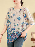 Female Blue Floral Print Crew Neck Short Sleeve Knit Shirt