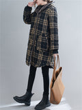 Ladies Fashion Plush Lined Plaid Coat with Hood