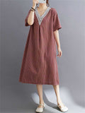 Women's Cotton Linen Lace V-Neck A-Line Plaid Dress