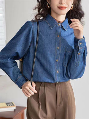 Dark Blue Vintage Autumn Temperament Denim Shirt for Women