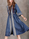 Retro V Neck Half Sleeve Embroidery Female Denim Dress