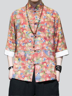 Multicolor Floral Printed Stand-Up Collar Shirt for Men