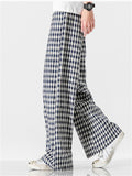 Asian High Street Style Plaid Cotton Linen Wide Leg Pants for Men