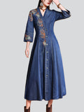 Women's Elegant Embroidery V Neck Button Up Denim Dress