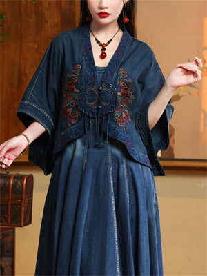 Ethnic Floral Embroidery Female Half Sleeve Denim Jacket