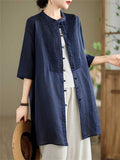 Female Leisure Cotton Linen 3/4 Sleeve Mid-Length Shirt