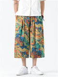 Men's Chinese Style Ancient Dragon & Crane Print Cropped Pants