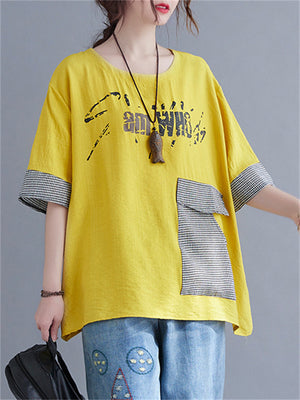 Women's Summer Letter Print Plaid Patch Pocket T-shirt