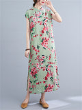 Mint Green Stand Collar Slim Fit Side Slit Print Qipao for Women