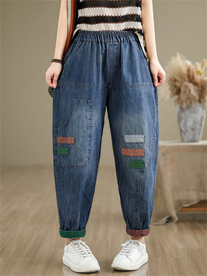 Contrast Color Patch Design Light Blue Harem Jeans for Women