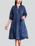 Ethnic Style Embroidery Women's V Neck Puff Sleeve Denim Dress