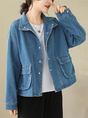 Women's Trendy Lapel Long Sleeve Patch Pocket Denim Jacket