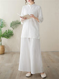 Women's Elegant Cozy Solid Color Stand Collar Shirt + Wide Leg Pants