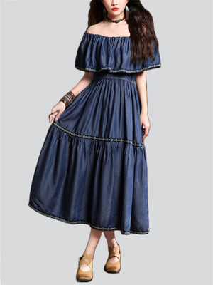 Romantic Off Shoulder Ruffles Patchwork Denim Dress for Women