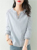 Ethnic V Neck Embroidery 3/4 Sleeve Stripe Shirt for Women