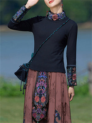 Vintage Peony Embroidery Black Slim Fit Shirt for Women