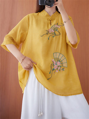 Chinese Style Peach Blossom Fan Embroidery Female Half Sleeve Shirt