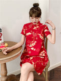 Chinese Red Flying Deer Print Knee Length Qipao