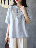 Female Ethnic Style Cotton Linen Short Sleeve V-neck Shirts