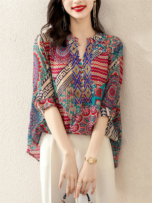 Summer Bohemian Style V Neck Print Vacation Shirt for Women