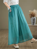 Lotus Embroideried Flowy Linen Fairy Pants for Women